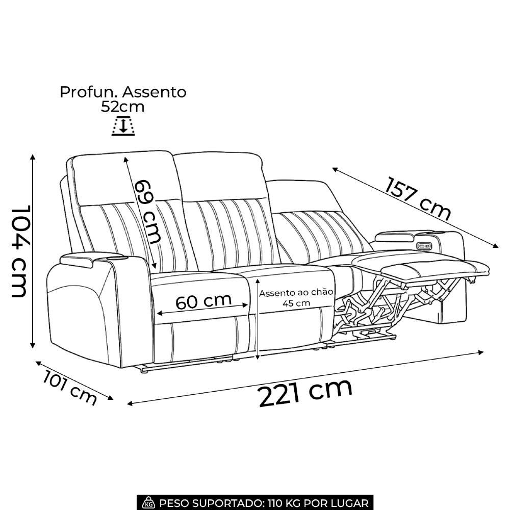 Poltrona Reclinável Cinema 2 e 3 Lugares Baú USB PU Moscou Sintético Camel Z57 - Mpozenato