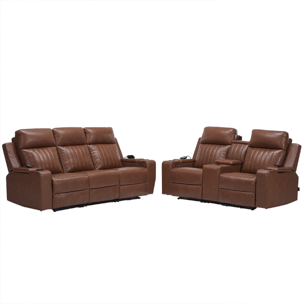 Poltrona Reclinável Cinema 2 e 3 Lugares Baú USB PU Moscou Sintético Camel Z57 - Mpozenato