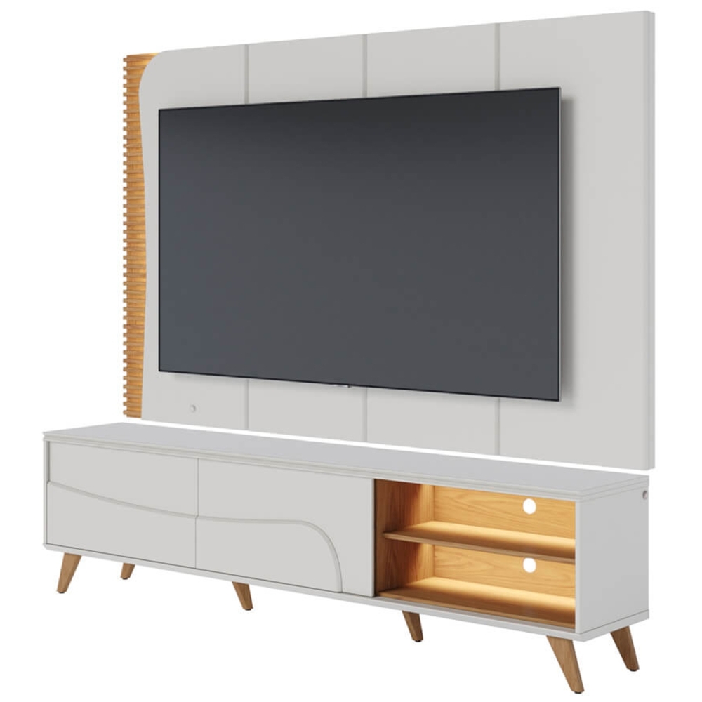 Painel TV 65 Pol LED e Rack Sala Pé Madeira Dante Off/Freijó C05 - Mpozenato