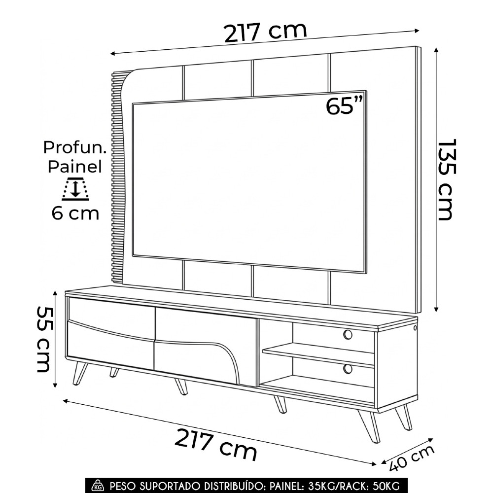 Painel TV 65 Pol LED e Rack Sala Pé Madeira Dante Off/Freijó C05 - Mpozenato
