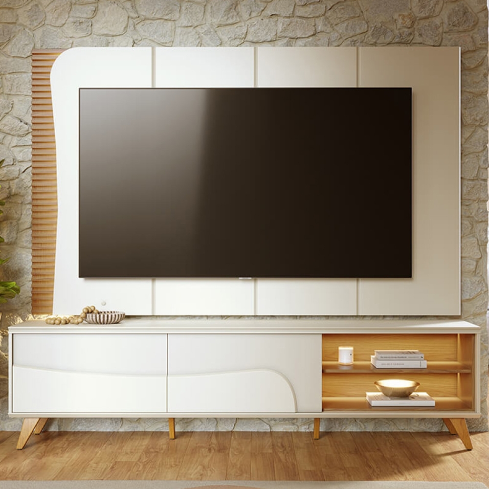 Painel TV 65 Pol LED e Rack Sala Pé Madeira Dante Off/Freijó C05 - Mpozenato