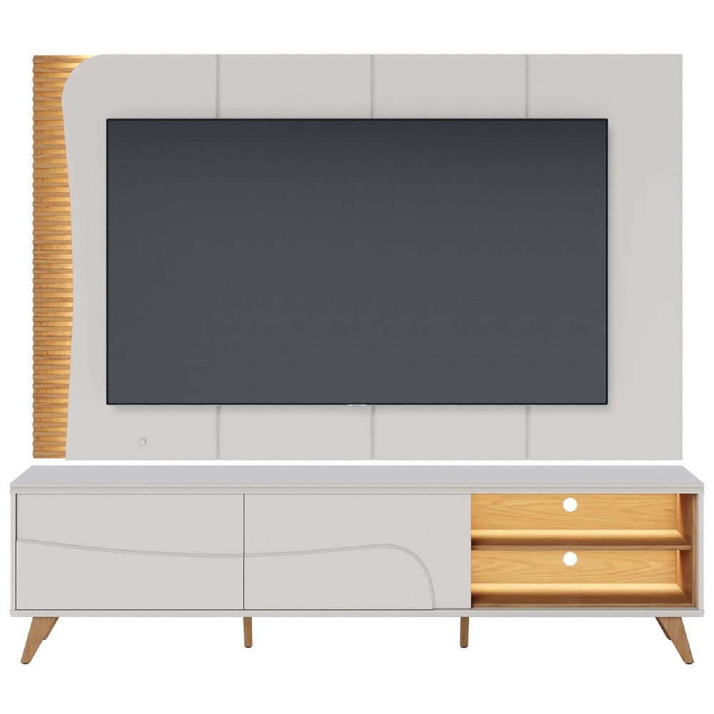 Painel TV 65 Pol LED e Rack Sala Pé Madeira Dante Off/Freijó C05 - Mpozenato
