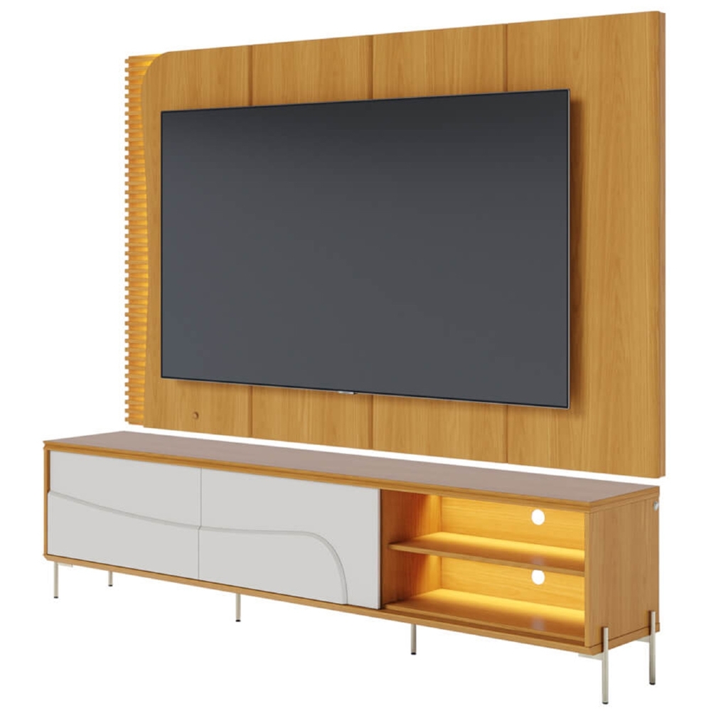 Painel TV 65 Pol LED e Rack Sala Pé Metal Dante Naturale/Off C05 - Mpozenato