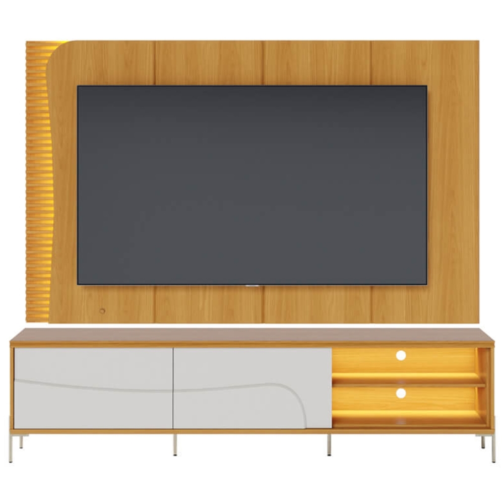 Painel TV 65 Pol LED e Rack Sala Pé Metal Dante Naturale/Off C05 - Mpozenato
