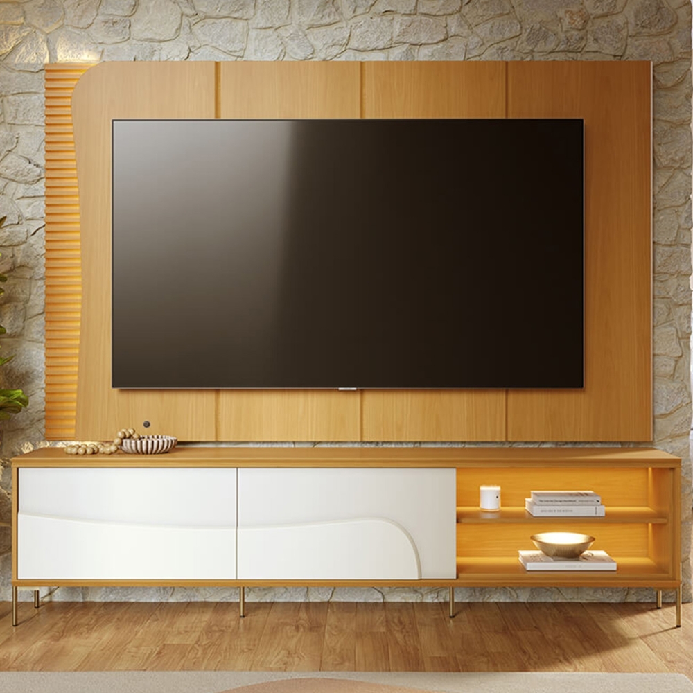 Painel TV 65 Pol LED e Rack Sala Pé Metal Dante Naturale/Off C05 - Mpozenato