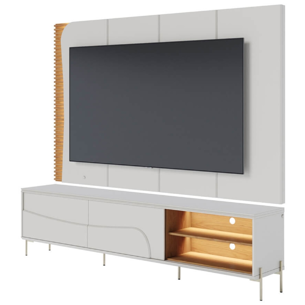 Painel TV 65 Pol LED e Rack Sala Pé Metal Dante Off/Freijó C05 - Mpozenato
