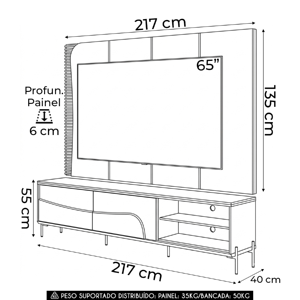 Painel TV 65 Pol LED e Rack Sala Pé Metal Dante Off/Freijó C05 - Mpozenato