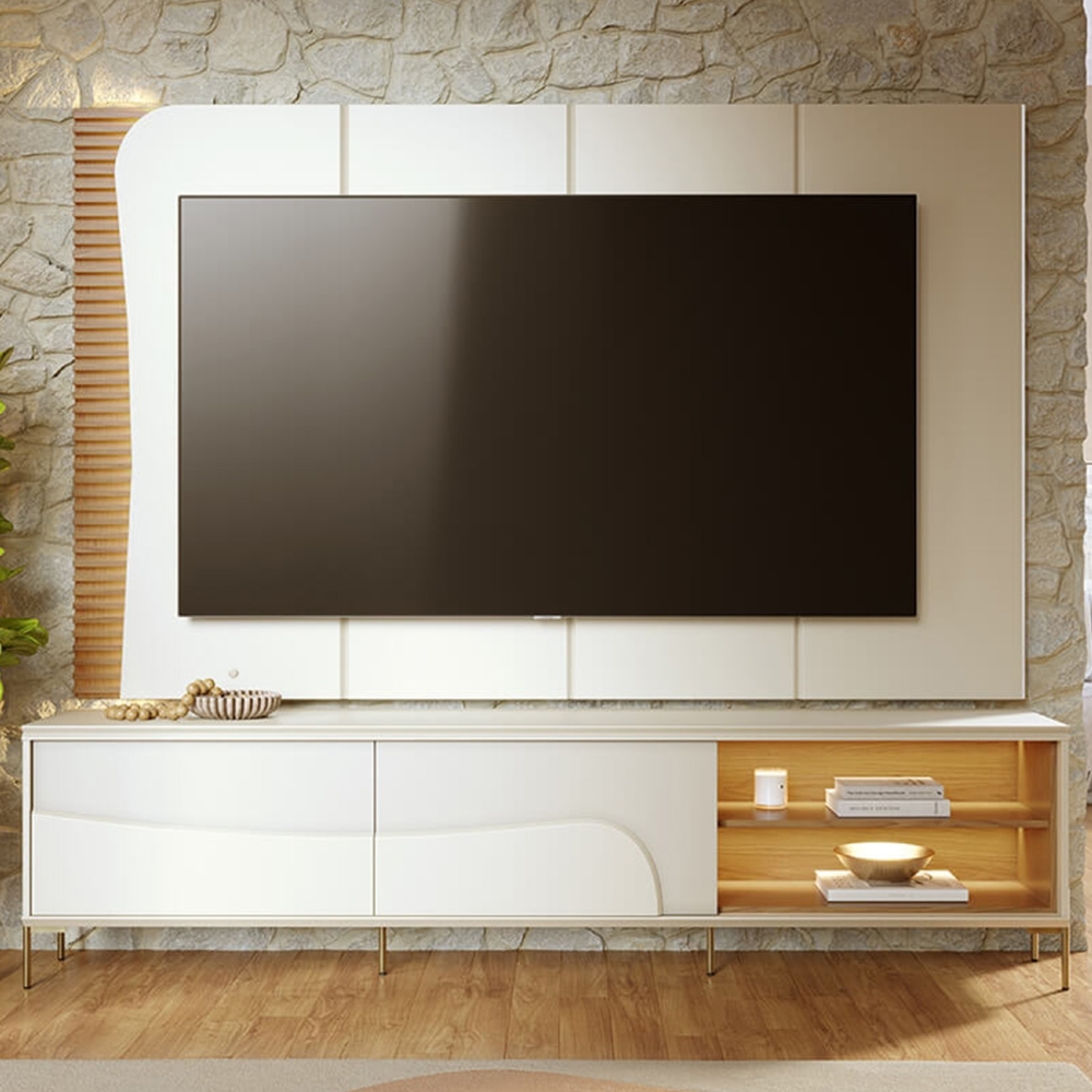 Painel TV 65 Pol LED e Rack Sala Pé Metal Dante Off/Freijó C05 - Mpozenato