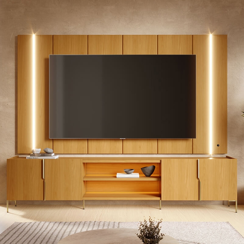 Painel TV 75 Pol LED e Rack Sala Pé Metal Gior Naturale C05 - Mpozenato
