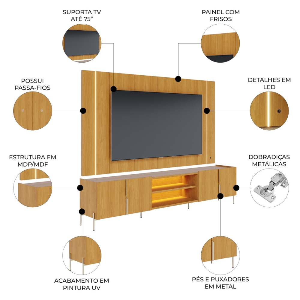 Painel TV 75 Pol LED e Rack Sala Pé Metal Gior Naturale C05 - Mpozenato