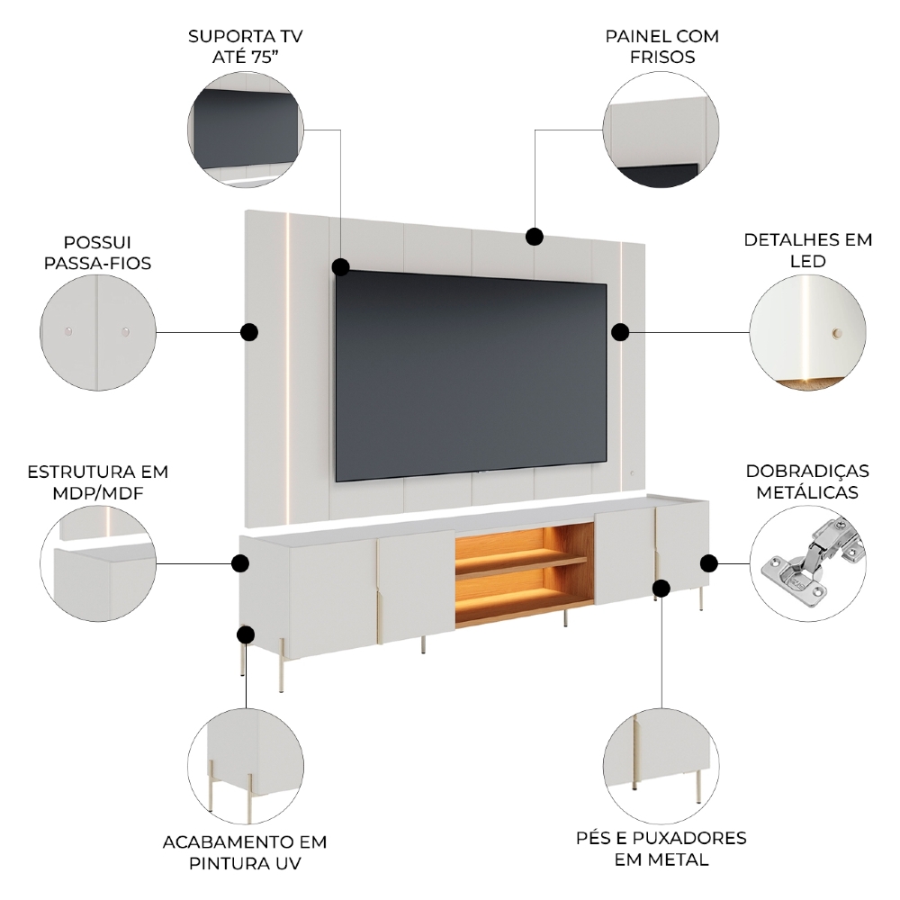 Painel TV 75 Pol LED e Rack Sala Pé Metal Gior Off/Freijó C05 - Mpozenato