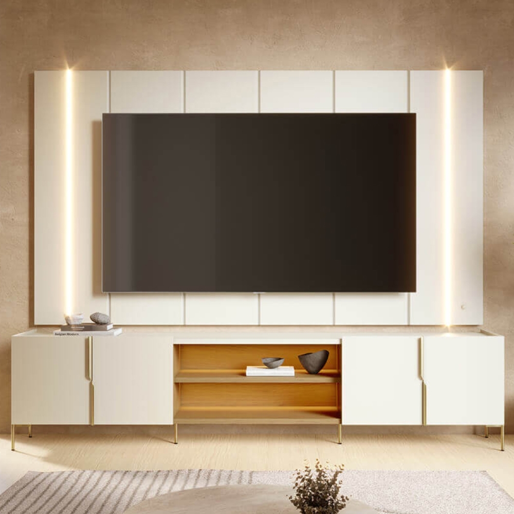 Painel TV 75 Pol LED e Rack Sala Pé Metal Gior Off/Freijó C05 - Mpozenato