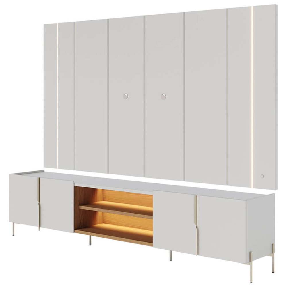 Painel TV 75 Pol LED e Rack Sala Pé Metal Gior Off/Freijó C05 - Mpozenato