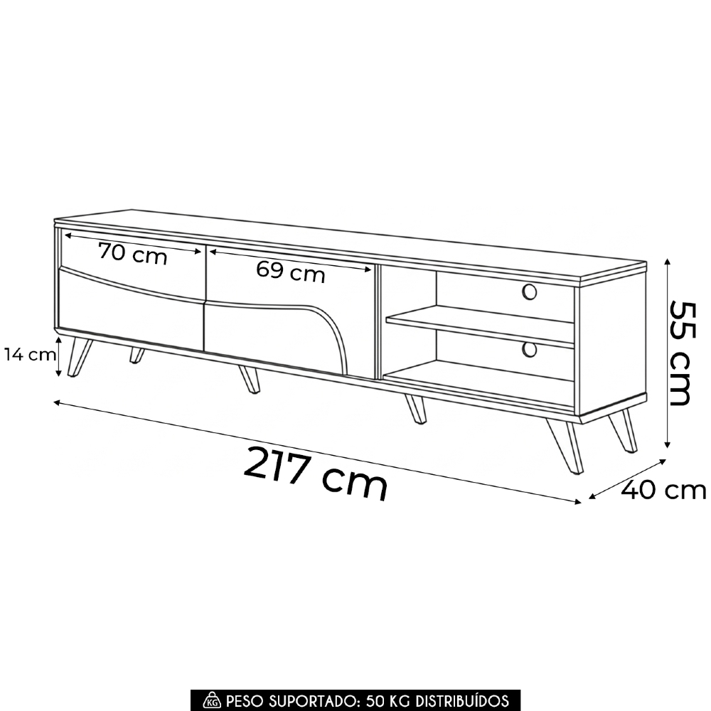 Rack TV 75 Pol 217cm Pé Madeira Dante Off/Freijó C05 - Mpozenato