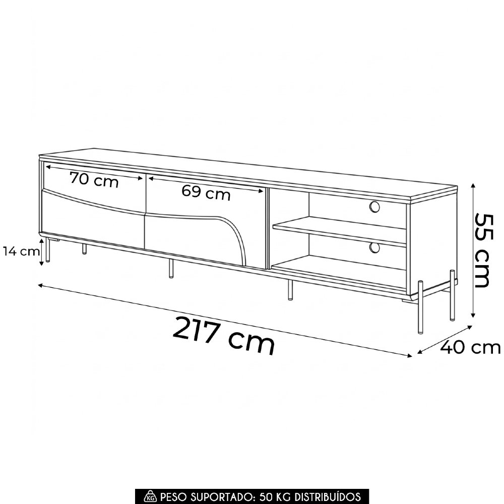 Rack TV 75 Pol 217cm Pé Metal Dante Naturale/Off C05 - Mpozenato