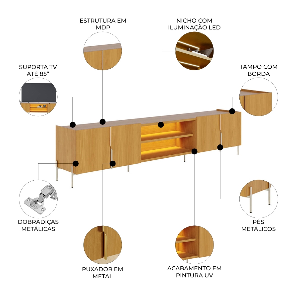 Rack TV 85 Pol 237cm Com LED Gior Naturale C05 - Mpozenato