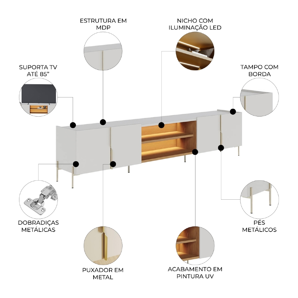 Rack TV 85 Pol 237cm Com LED Gior Off/Freijó C05 - Mpozenato