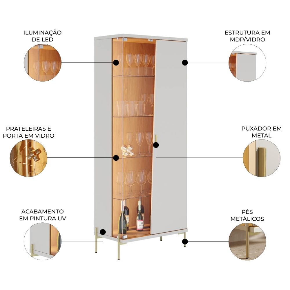 Cristaleira Porta de Vidro 70cm Pés Metal Mercuri Off/Freijó C05 - Mpozenato