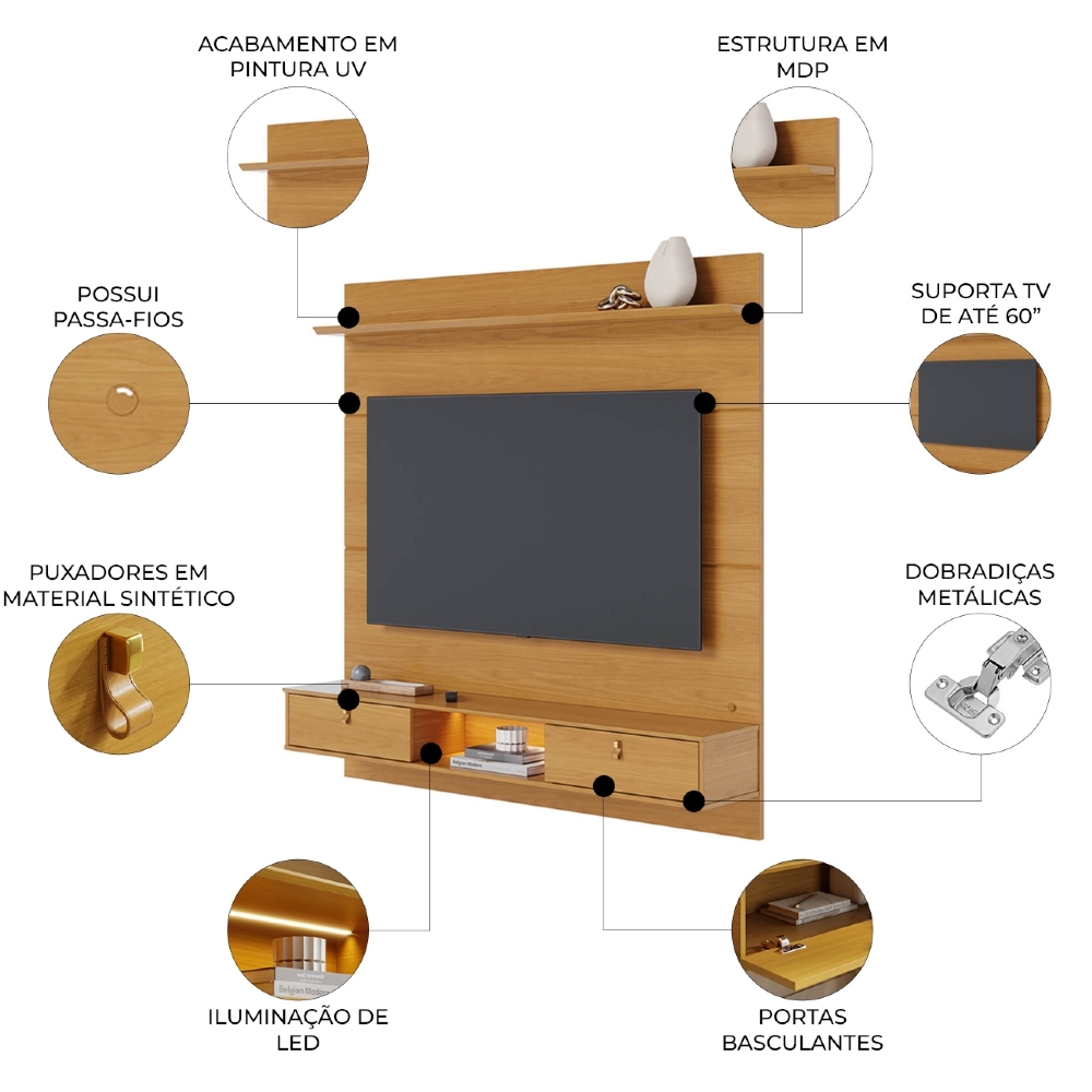 Painel TV 60 Pol Bancada Suspensa 160cm Com LED Zali Naturale C05 - Mpozenato
