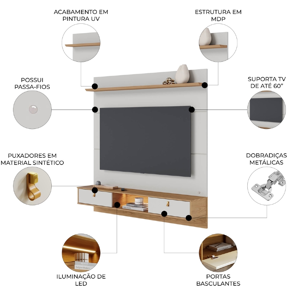 Painel TV 60 Pol Bancada Suspensa 160cm Com LED Zali Off/Freijó C05 - Mpozenato