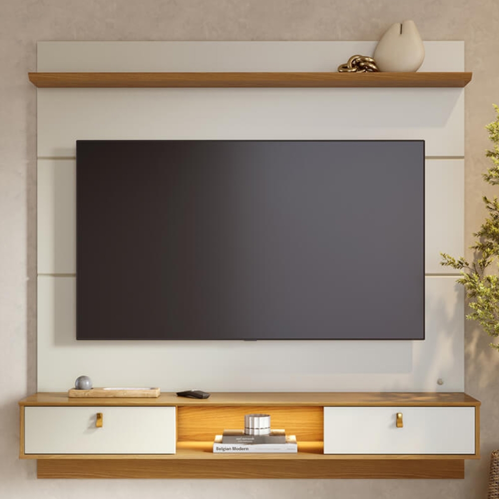 Painel TV 60 Pol Bancada Suspensa 160cm Com LED Zali Off/Freijó C05 - Mpozenato