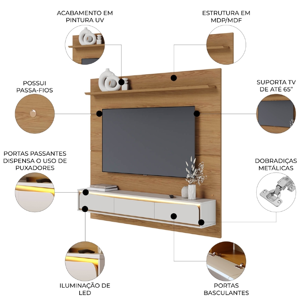 Painel TV 65 Pol Bancada Suspensa 180cm Com LED Tath Freijó/Off C05 - Mpozenato