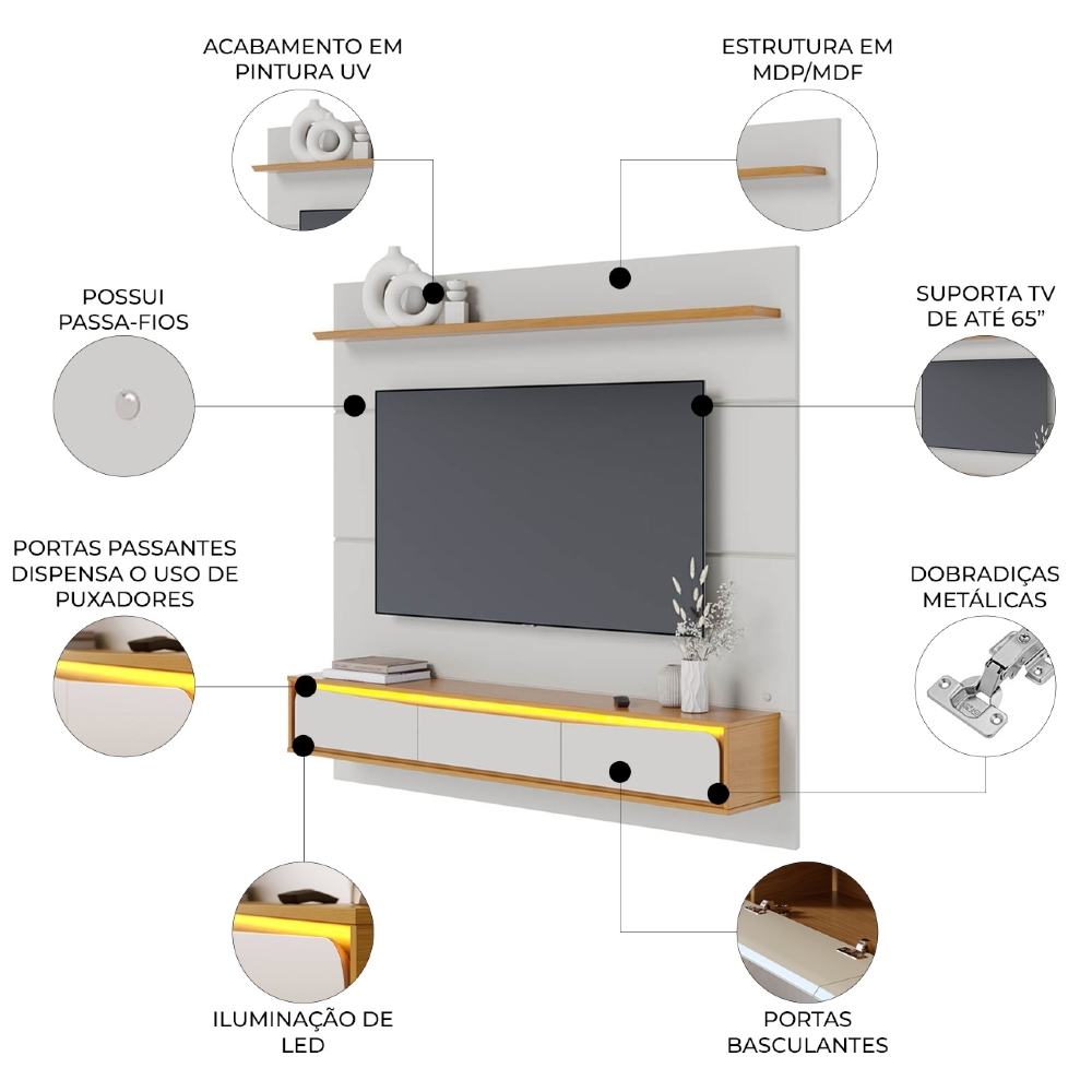 Painel TV 65 Pol Bancada Suspensa 180cm Com LED Tath Off/Naturale C05 - Mpozenato