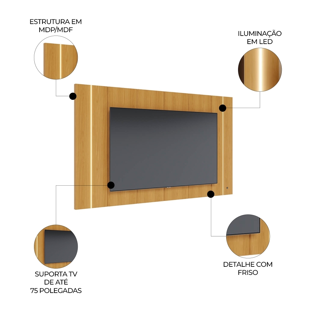 Painel TV 75 Pol Suspenso 240cm Com LED Gior Naturale C05 - Mpozenato