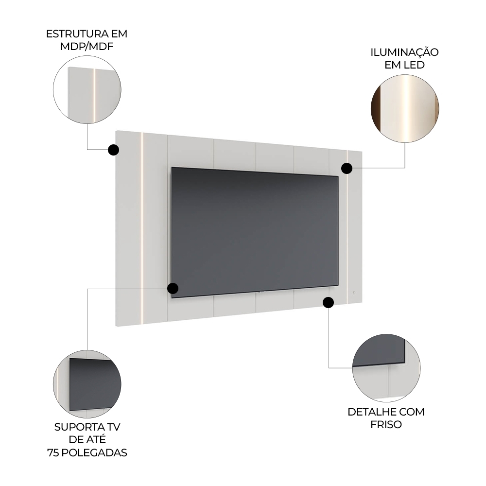 Painel TV 75 Pol Suspenso 240cm Com LED Gior Off White C05 - Mpozenato