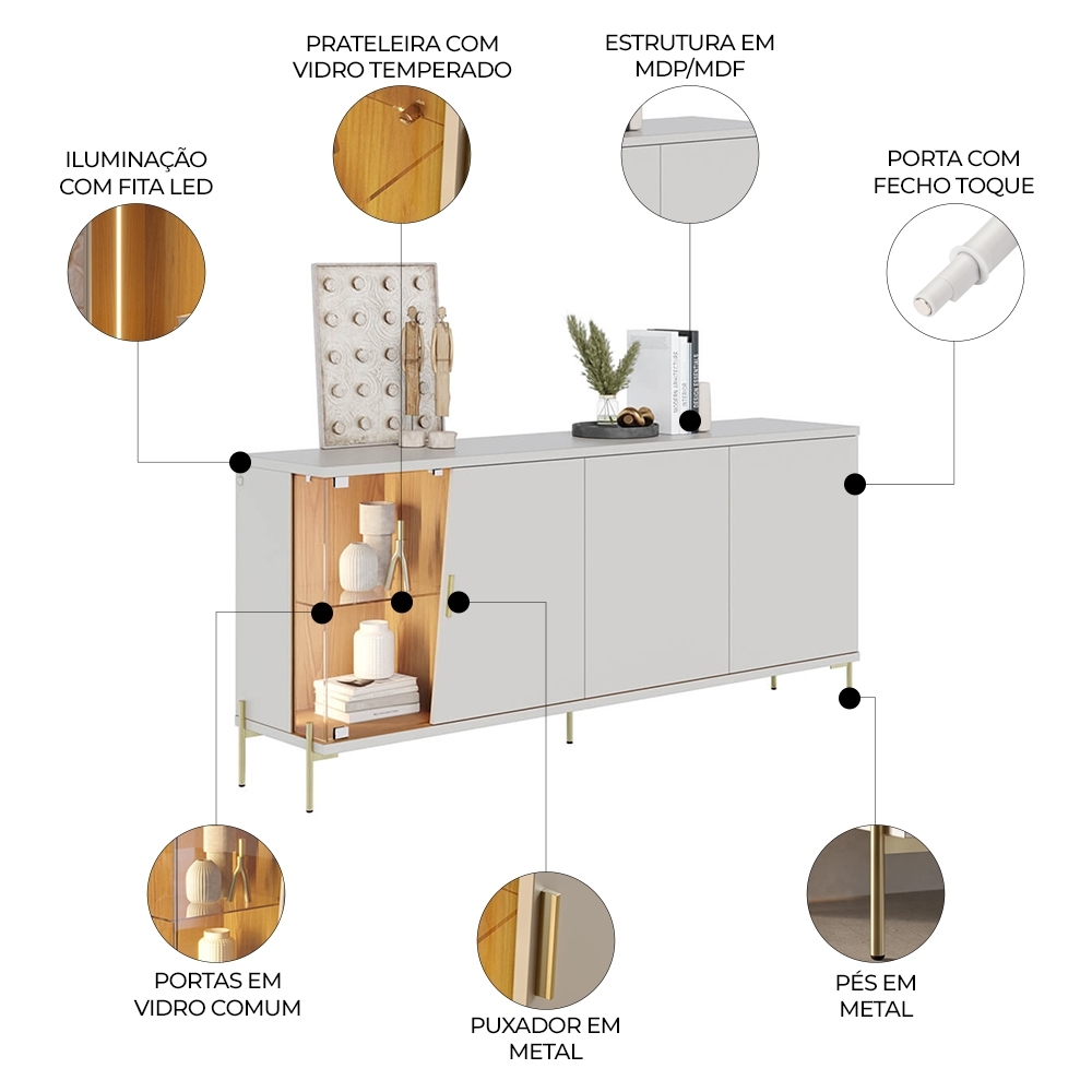 Buffet Aparador Sala de Jantar 179cm Com LED Mercuri Off/Freijó C05 - Mpozenato