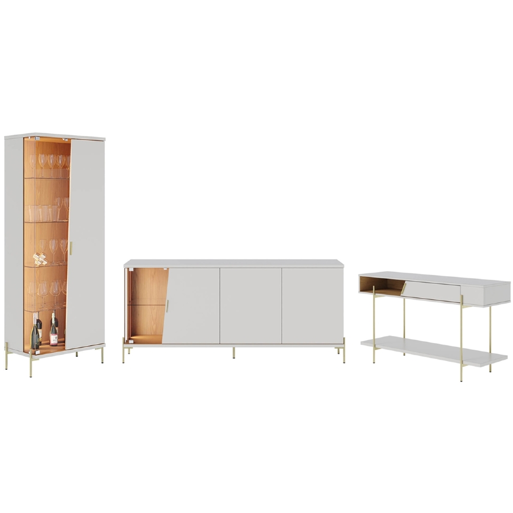 Buffet Aparador e Cristaleira Com LED Pés Metálicos Mercuri Off/Freijó C05 - Mpozenato