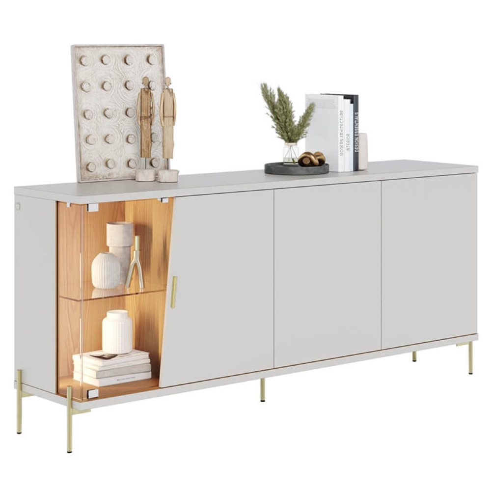 Buffet Aparador e Cristaleira Com LED Pés Metálicos Mercuri Off/Freijó C05 - Mpozenato