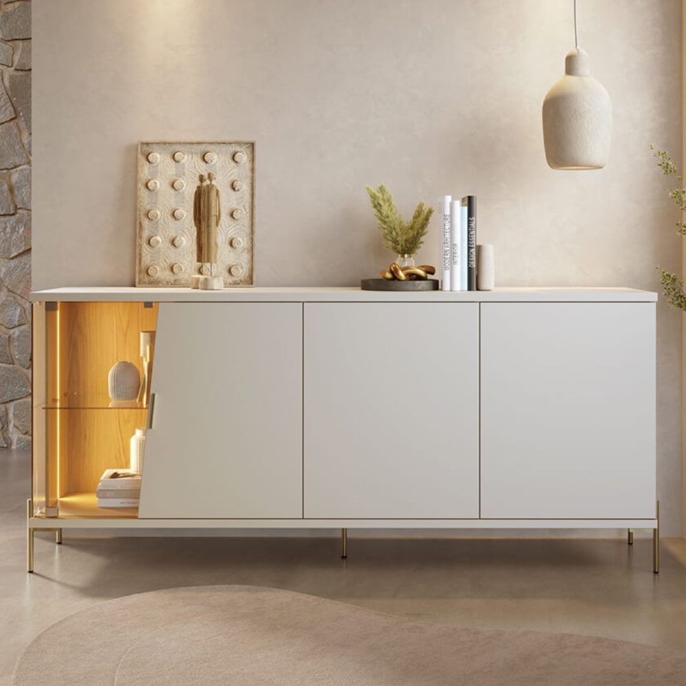Buffet e Cristaleira Com LED Pé Metal Mercuri Off/Freijó C05 - Mpozenato