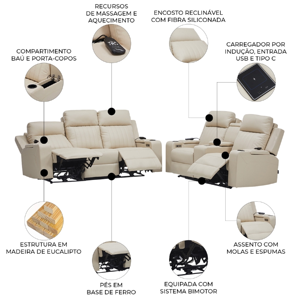 Poltrona Reclinável Cinema 2 e 3 Lugares Baú USB PU Moscou Sintético Bege Z57 - Mpozenato