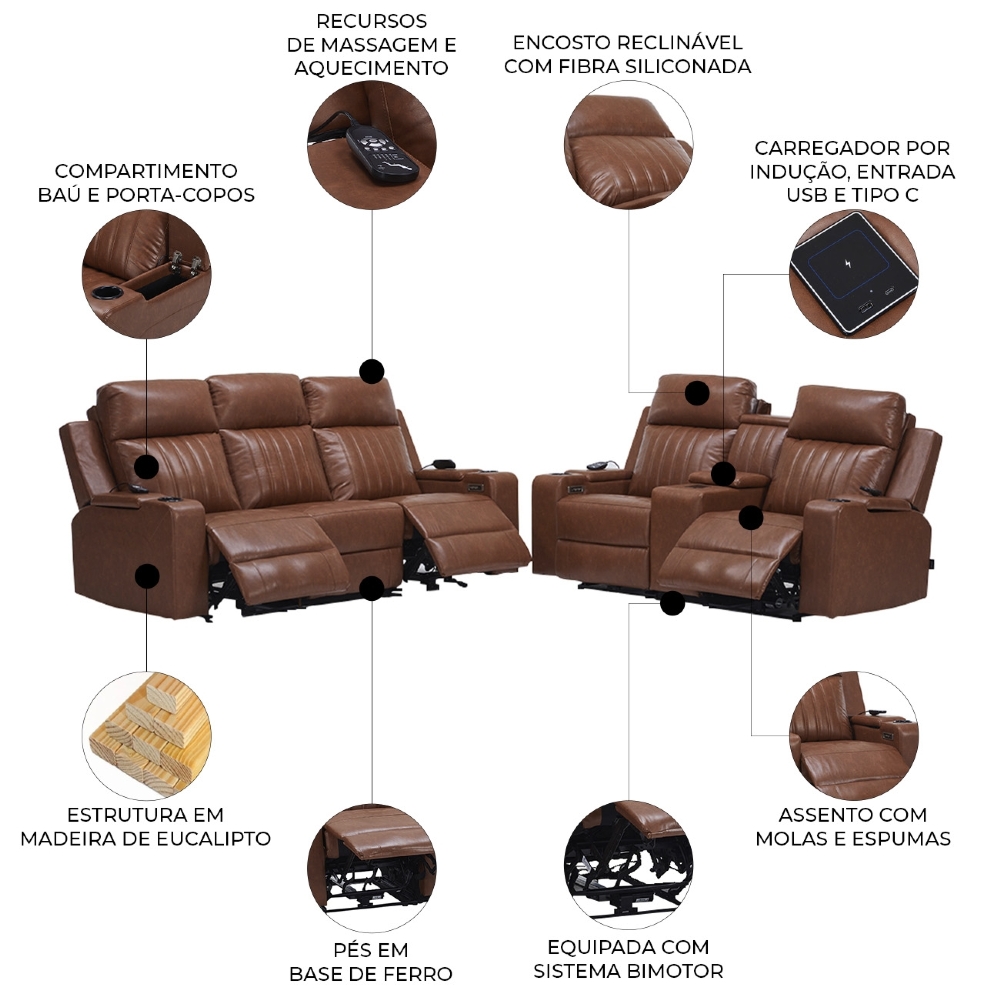 Poltrona Reclinável Cinema 2 e 3 Lugares Baú USB PU Moscou Sintético Camel Z57 - Mpozenato