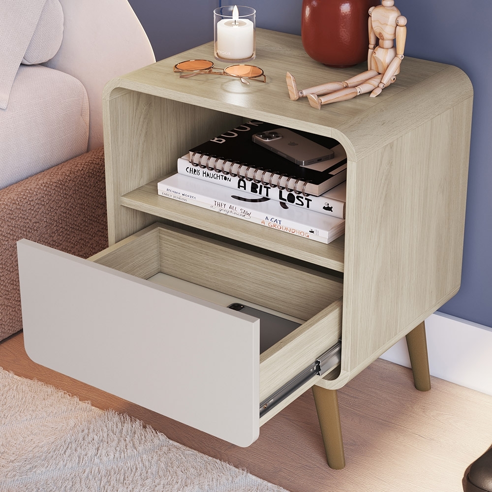 Mesa Cabeceira Quarto 47cm 1 Gaveta Nuvia Carvalho/Bege C06 - Mpozenato
