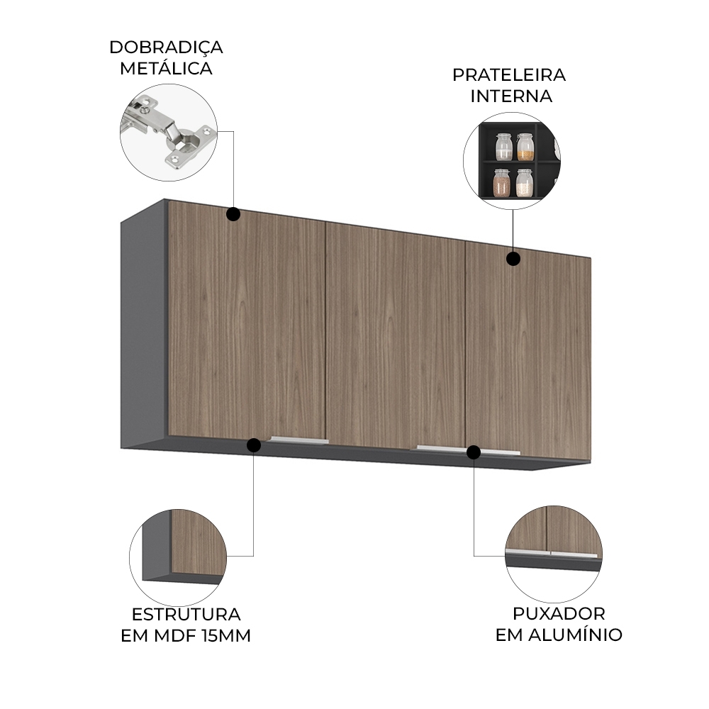 Armário de Cozinha Aéreo 120cm Pérola Z34 Grafite/Freijó    - Mpozenato