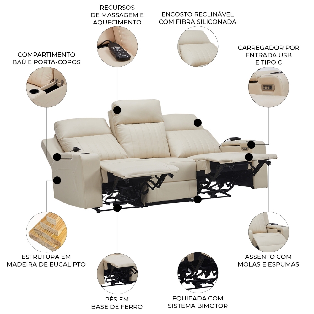Poltrona Reclinável Cinema 3 Lugares Baú USB PU Moscou Sintético Bege Z57 - Mpozenato