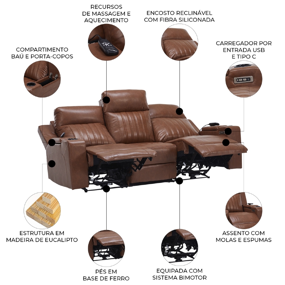Poltrona Reclinável Cinema 3 Lugares Baú USB PU Moscou Sintético Camel Z57 - Mpozenato