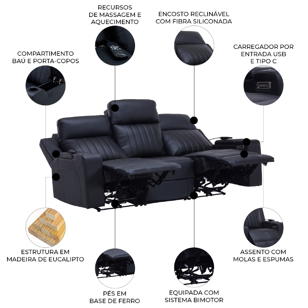 Poltrona Reclinável Cinema 3 Lugares Baú USB PU Moscou Sintético Preto Z57 - Mpozenato