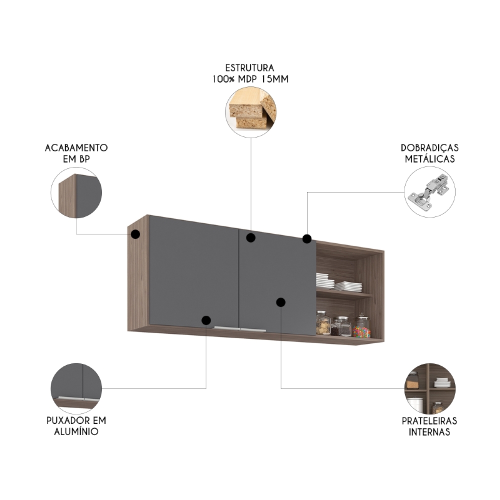 Armário de Cozinha Aéreo 150cm Pérola Z34 Freijó/Grafite    - Mpozenato