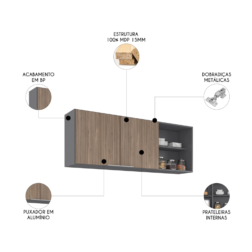Armário de Cozinha Aéreo 150cm Pérola Z34 Grafite/Freijó    - Mpozenato