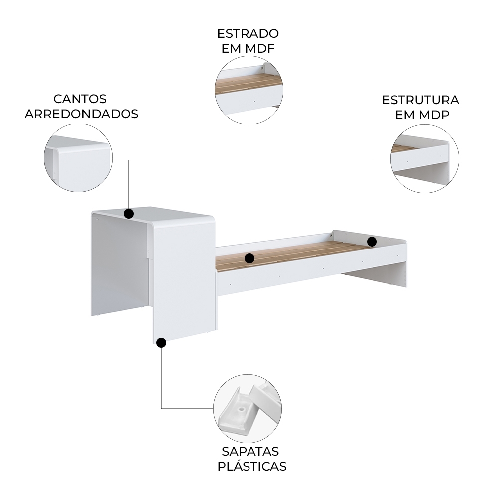 Cama Solteiro Infantil 188x88cm Escrivaninha Infix Branco C06 - Mpozenato