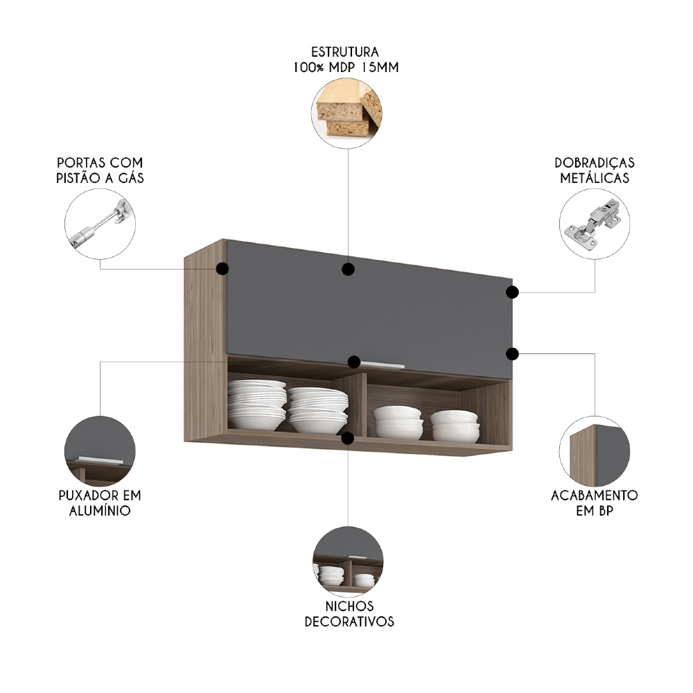 Armário de Cozinha Aéreo 100cm Pérola Z34 Freijó/Grafite    - Mpozenato
