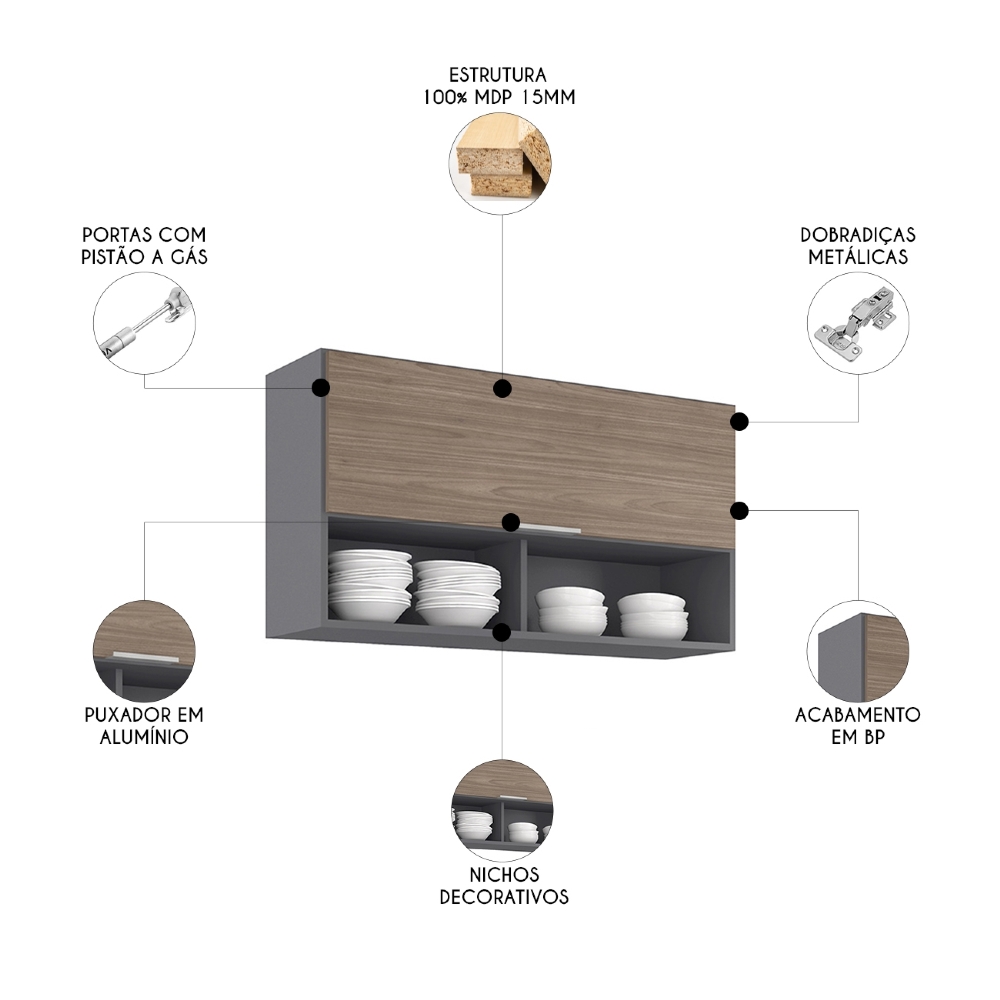 Armário de Cozinha Aéreo 100cm Pérola Z34 Grafite/Freijó    - Mpozenato