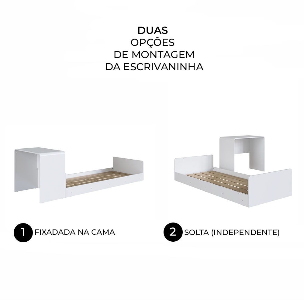 Cama Solteiro Infantil com Auxiliar 188x78cm Escrivaninha Infix Branco C06 - Mpozenato