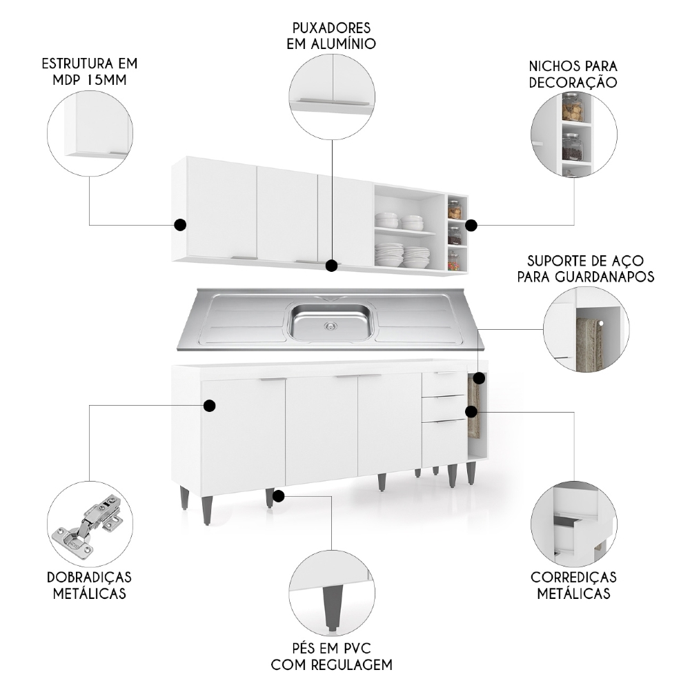 Armário de Cozinha CP11 Com Pia 200cm Pérola Z34 Branco     - Mpozenato