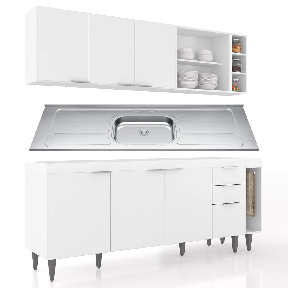 Armário de Cozinha CP11 Com Pia 200cm Pérola Z34 Branco     - Mpozenato