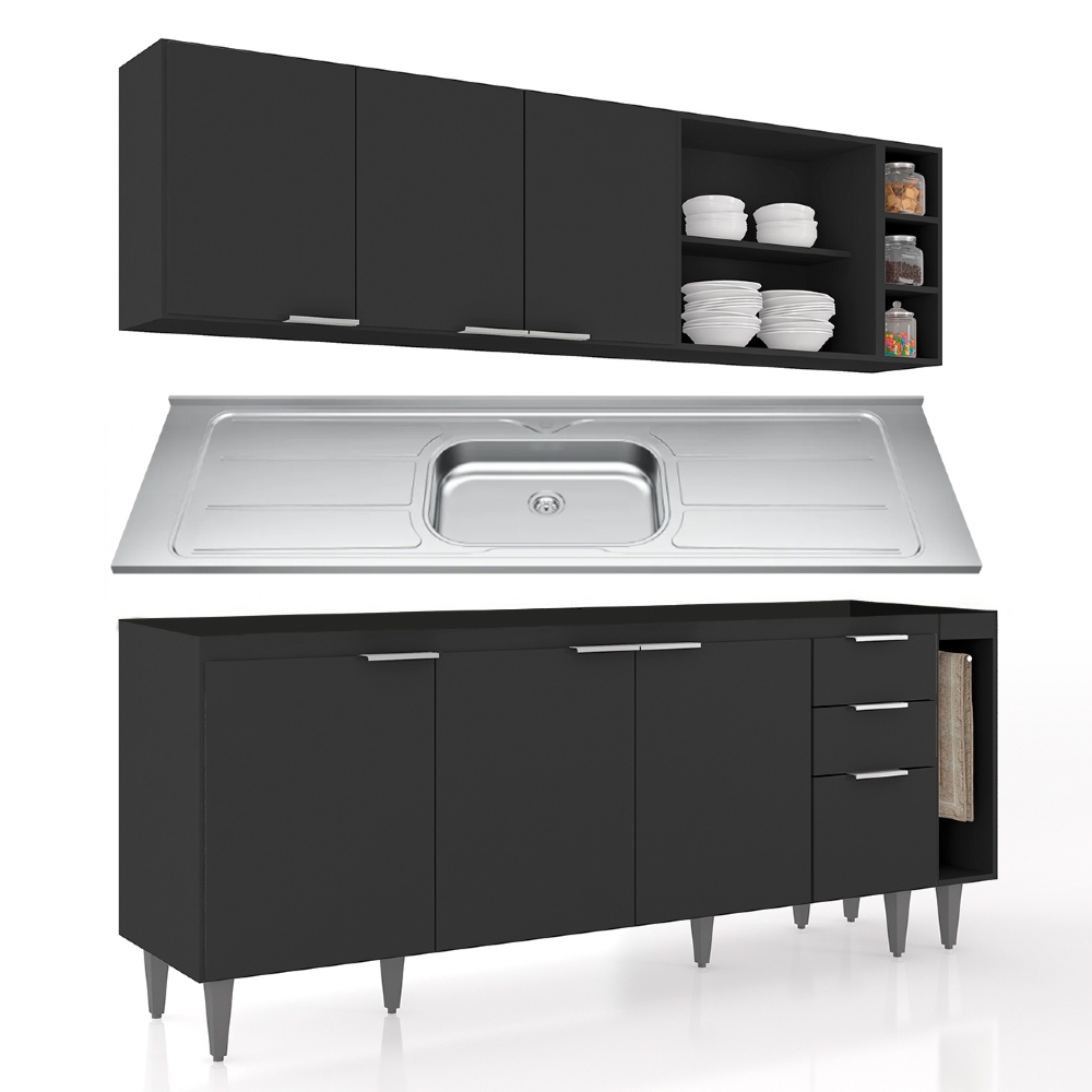 Armário de Cozinha CP11 Com Pia 200cm Pérola Z34 Preto      - Mpozenato