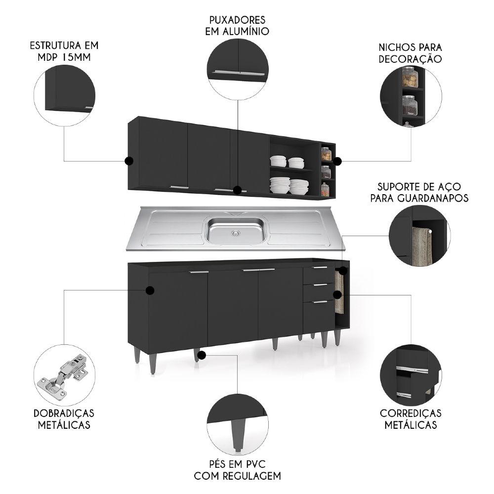 Armário de Cozinha CP11 Com Pia 200cm Pérola Z34 Preto      - Mpozenato